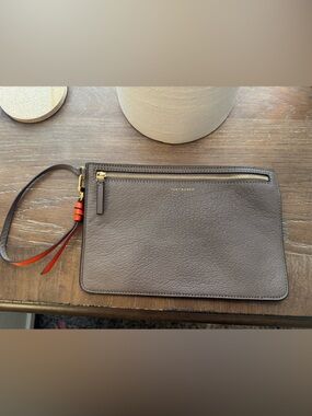 Tory Burch Taupe Pebbled Leather Wristlet with Orange -Trim Strap